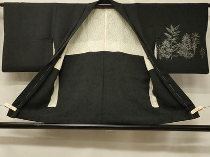 平和屋着物＃羽織　寿光織　枝葉文　黒地　銀糸　正絹　逸品　CABD7962in