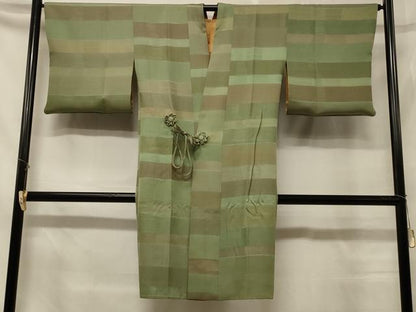平和屋着物＃道中着　リバーシブル　お茶染め　霞地紋　黄唐茶色　ロング丈　正絹　逸品　CABD7969in