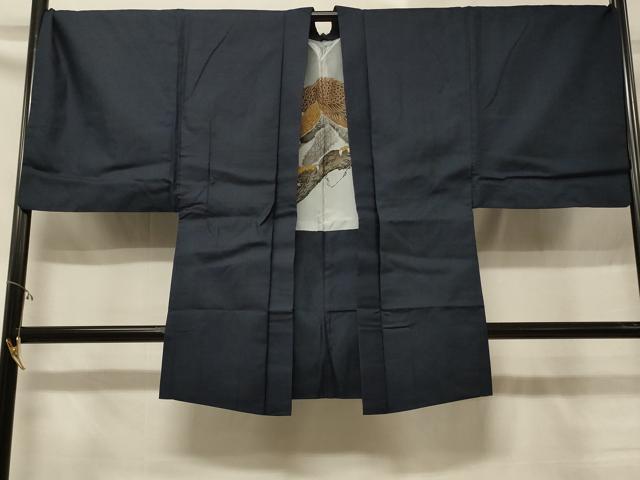 平和屋着物＃男性　長羽織　お召地　100亀甲　総詰め　羽裏：鷲　正絹　逸品　CABD7976in