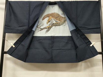 平和屋着物＃男性　長羽織　お召地　100亀甲　総詰め　羽裏：鷲　正絹　逸品　CABD7976in
