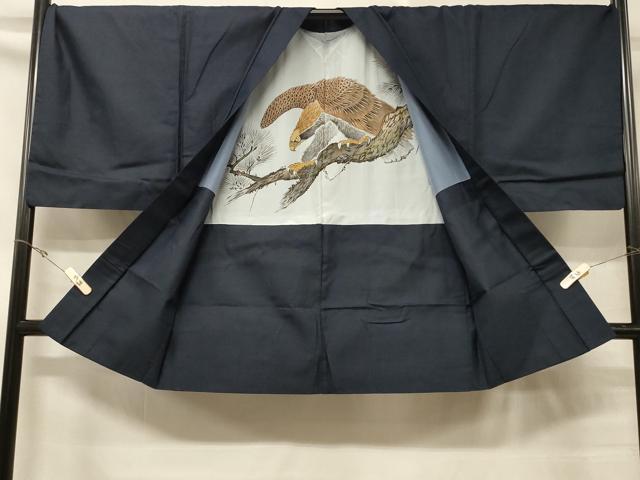 平和屋着物＃男性　長羽織　お召地　100亀甲　総詰め　羽裏：鷲　正絹　逸品　CABD7976in