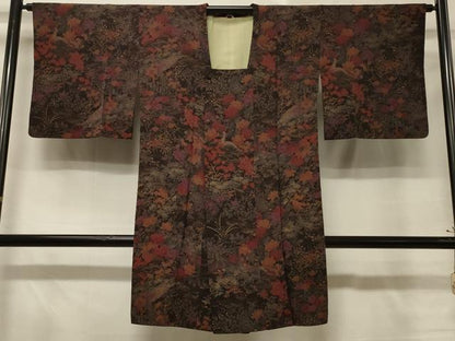 平和屋着物＃道行コート　草花文　黒地　金彩　鬼しぼ縮緬　ロング丈　正絹　逸品　CABD7980in