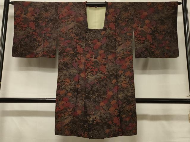 平和屋着物＃道行コート　草花文　黒地　金彩　鬼しぼ縮緬　ロング丈　正絹　逸品　CABD7980in