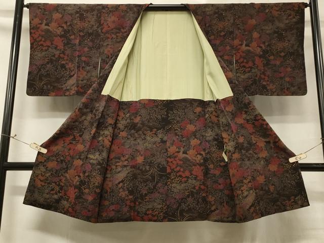 平和屋着物＃道行コート　草花文　黒地　金彩　鬼しぼ縮緬　ロング丈　正絹　逸品　CABD7980in