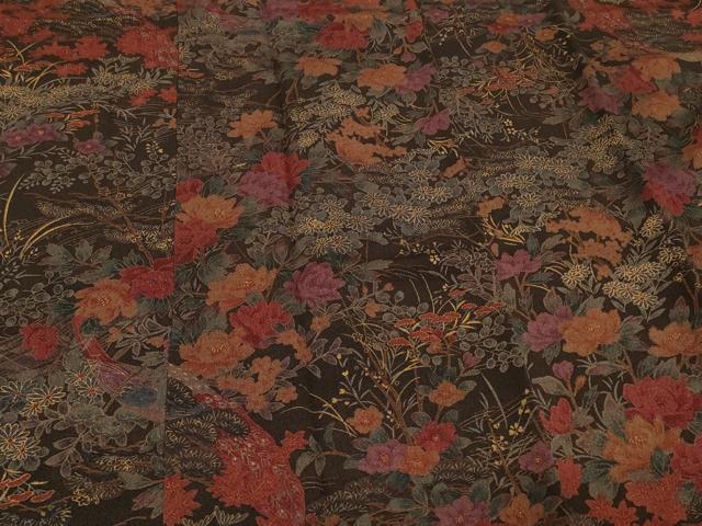 平和屋着物＃道行コート　草花文　黒地　金彩　鬼しぼ縮緬　ロング丈　正絹　逸品　CABD7980in