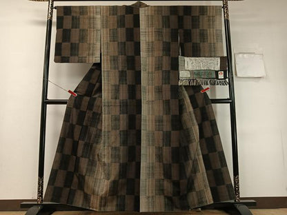 平和屋着物●赤城百彩紬　生紬　市松柄　証紙付き　正絹　逸品　CABD8002vp
