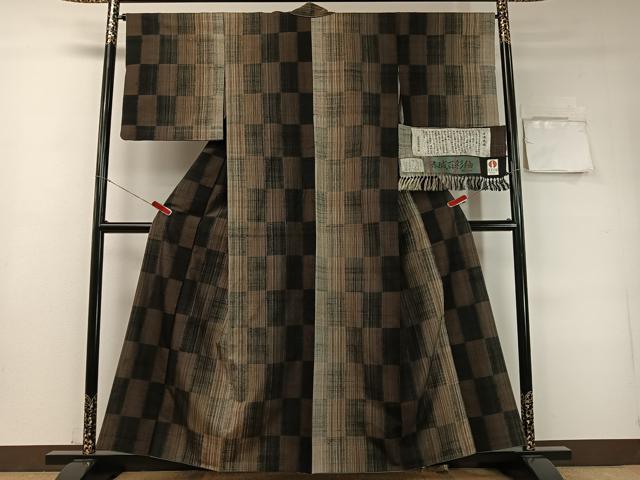 平和屋着物●赤城百彩紬　生紬　市松柄　証紙付き　正絹　逸品　CABD8002vp