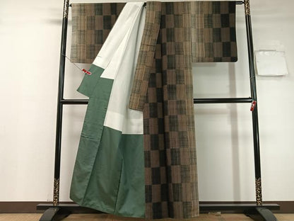 平和屋着物●赤城百彩紬　生紬　市松柄　証紙付き　正絹　逸品　CABD8002vp