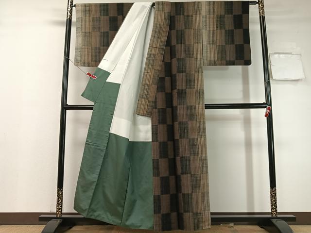 平和屋着物●赤城百彩紬　生紬　市松柄　証紙付き　正絹　逸品　CABD8002vp