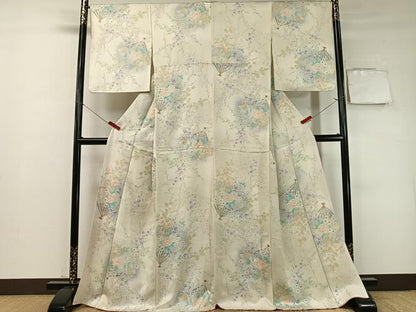 平和屋着物●上質な小紋　扇面花文　暈し染め　金彩　ロング丈　正絹　逸品　CABD8005vp