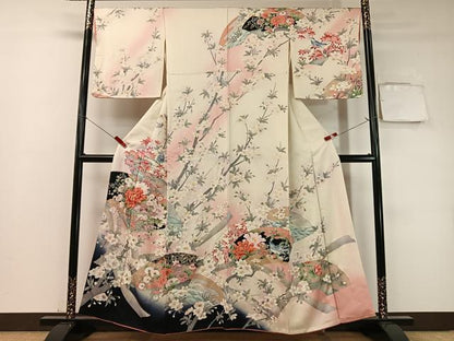 平和屋着物●訪問着　刺繍　地紙枝花鳥文　暈し染め　金彩　やまと誂製　正絹　逸品　CABD8007vp
