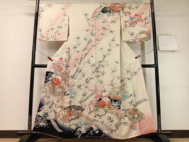 平和屋着物●訪問着　刺繍　地紙枝花鳥文　暈し染め　金彩　やまと誂製　正絹　逸品　CABD8007vp
