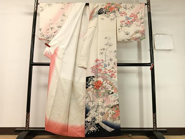 平和屋着物●訪問着　刺繍　地紙枝花鳥文　暈し染め　金彩　やまと誂製　正絹　逸品　CABD8007vp