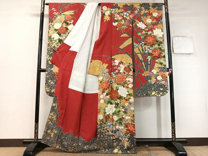 平和屋着物●豪華振袖　駒刺繍　草花文　たたき染め　金彩　正絹　逸品　CABD8011vp