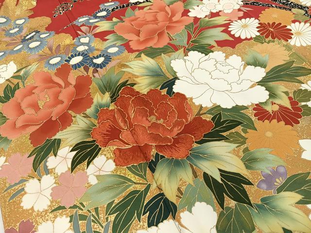 平和屋着物●豪華振袖　駒刺繍　草花文　たたき染め　金彩　正絹　逸品　CABD8011vp