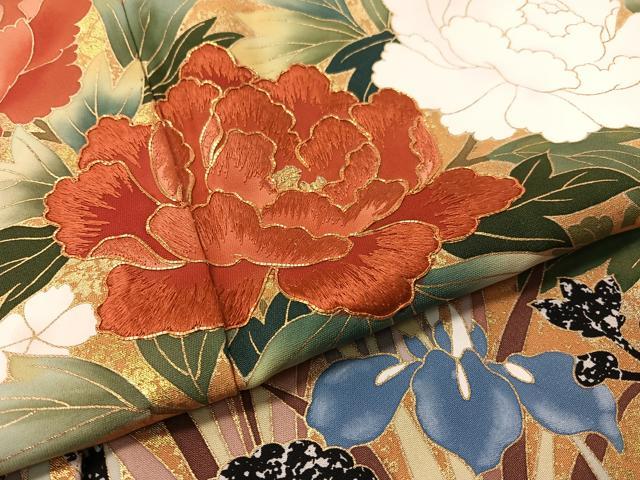 平和屋着物●豪華振袖　駒刺繍　草花文　たたき染め　金彩　正絹　逸品　CABD8011vp
