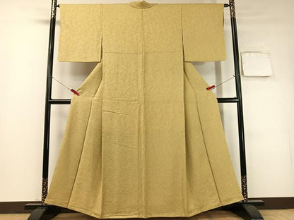 平和屋着物●上質な色無地　草花地紋　枯草色　正絹　逸品　CABD8015vp