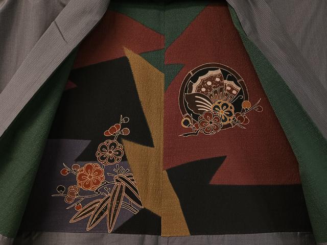 平和屋着物●男性　お召　アンサンブル　網代織　キングサイズ　正絹　逸品　CABD8028vp