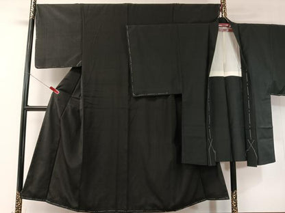 平和屋着物●男性　紬　アンサンブル　色無地　黒地　正絹　逸品　未使用　CABD8033vp