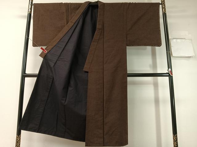 平和屋着物●男性　紬　アンサンブル　色無地　黒鳶色　正絹　逸品　未使用　CABD8047vp