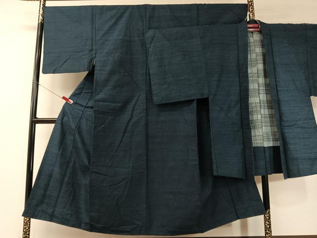 平和屋着物●男性　紬　アンサンブル　色無地　濃藍色　正絹　逸品　CABD8050vp