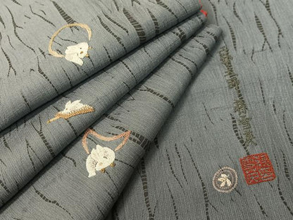 平和屋着物●中国人間国宝　将雪英　中国三大刺繍　相良刺繍　紬　杢目絞り　月兎　金糸　ロング丈　正絹　逸品　CABD8059vp