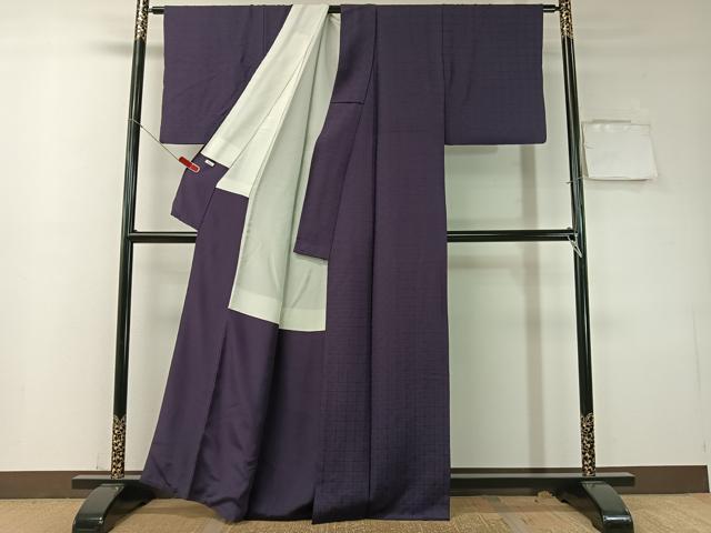 平和屋着物●上質な色無地　格子地紋　深紫色　正絹　逸品　CABD8070vp