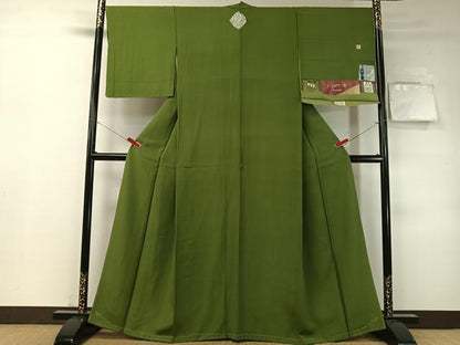 平和屋着物●上質な色無地　紫根　堅牢草木染　両面染　苔色　反端付き　正絹　逸品　未使用　CABD8094vp
