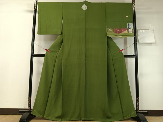 平和屋着物●上質な色無地　紫根　堅牢草木染　両面染　苔色　反端付き　正絹　逸品　未使用　CABD8094vp
