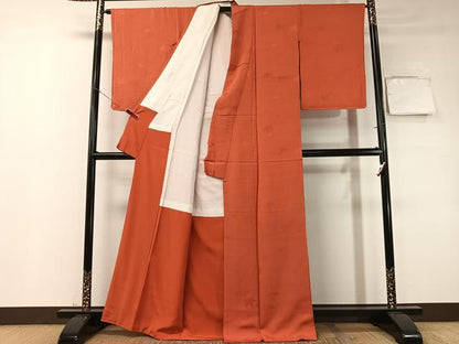 平和屋着物●上質な色無地　吹き寄せ地紋　赤丹色　正絹　逸品　未使用　CABD8101vp
