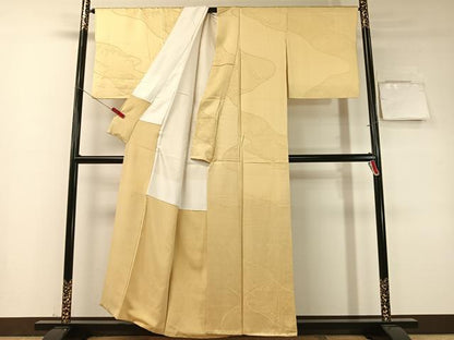 平和屋着物●上質な色無地　道長立波地紋　蜂蜜色　正絹　逸品　CABD8104vp
