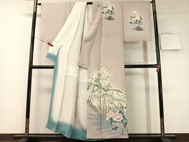 平和屋着物●訪問着　水辺花鳥文　暈し染め　鬼しぼ縮緬　正絹　逸品　CABD8116vp