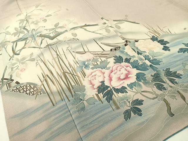 平和屋着物●訪問着　水辺花鳥文　暈し染め　鬼しぼ縮緬　正絹　逸品　CABD8116vp