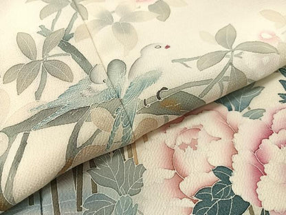 平和屋着物●訪問着　水辺花鳥文　暈し染め　鬼しぼ縮緬　正絹　逸品　CABD8116vp