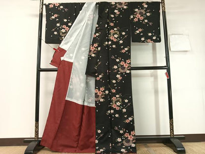 平和屋着物●小紋　簪　櫛　舞桜　黒地　洗える着物　CABD8124vp
