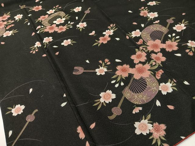 平和屋着物●小紋　簪　櫛　舞桜　黒地　洗える着物　CABD8124vp