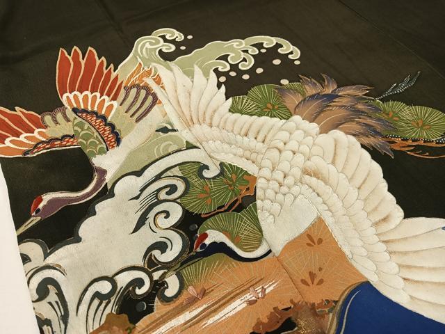平和屋着物●アンティーク　大正ロマン　黒留袖　刺繍　手描き　飛鶴浜松文　暈し染め　金彩　正絹　逸品　CABD8137vp