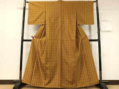 平和屋着物●黄八丈　紬　平織　格子柄　正絹　逸品　未使用　CABD8138vp