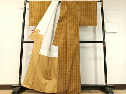 平和屋着物●黄八丈　紬　平織　格子柄　正絹　逸品　未使用　CABD8138vp