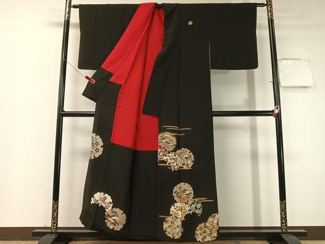平和屋着物●アンティーク　大正ロマン　黒留袖　駒刺繍　霞雪輪花文　金彩　正絹　逸品　CABD8145vp