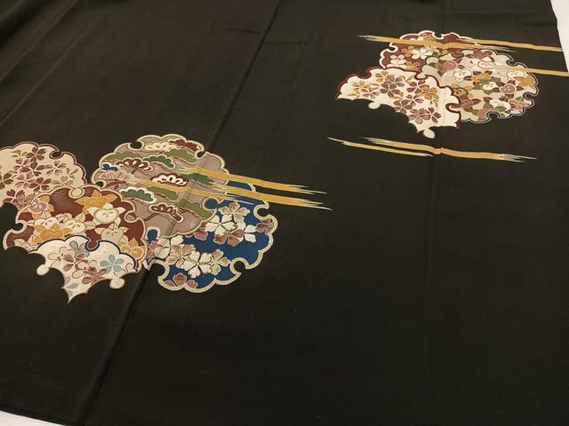 平和屋着物●アンティーク　大正ロマン　黒留袖　駒刺繍　霞雪輪花文　金彩　正絹　逸品　CABD8145vp