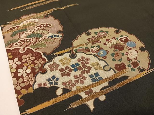 平和屋着物●アンティーク　大正ロマン　黒留袖　駒刺繍　霞雪輪花文　金彩　正絹　逸品　CABD8145vp