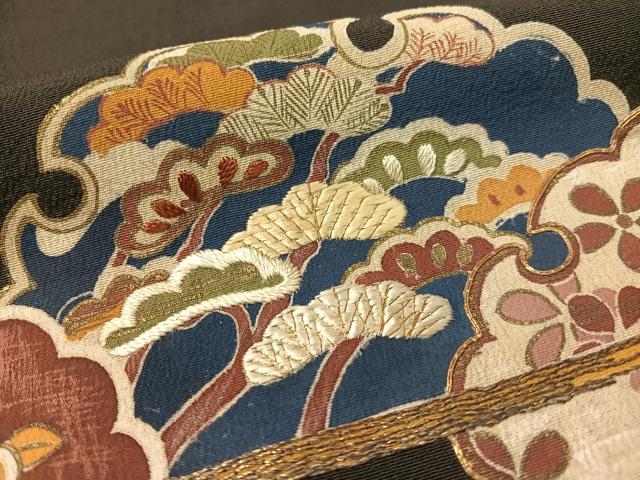 平和屋着物●アンティーク　大正ロマン　黒留袖　駒刺繍　霞雪輪花文　金彩　正絹　逸品　CABD8145vp