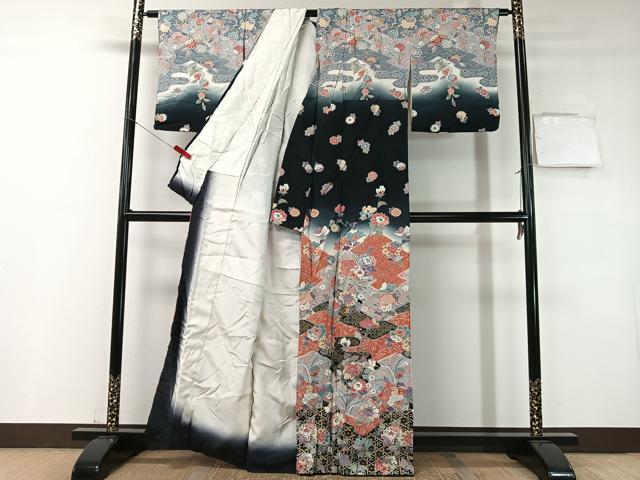 平和屋着物●訪問着　更紗吉祥文　暈し染め　黒地　金彩　正絹　逸品　CABD8149vp