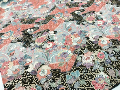 平和屋着物●訪問着　更紗吉祥文　暈し染め　黒地　金彩　正絹　逸品　CABD8149vp