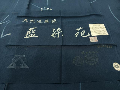平和屋着物●上質な小紋　天然泥藍染　藍染苑　吉祥文　反端付き　正絹　逸品　CABD8152vp