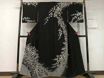 平和屋着物●訪問着　総絞り　流水枝垂れ花文　黒地　金彩　正絹　逸品　CABD8153vp