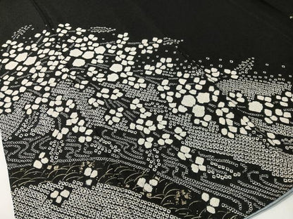 平和屋着物●訪問着　総絞り　流水枝垂れ花文　黒地　金彩　正絹　逸品　CABD8153vp