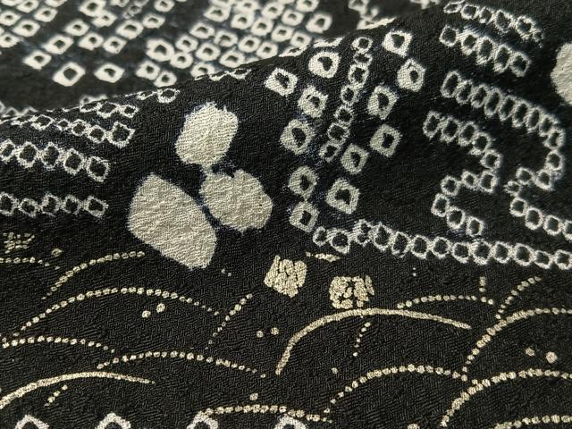 平和屋着物●訪問着　総絞り　流水枝垂れ花文　黒地　金彩　正絹　逸品　CABD8153vp