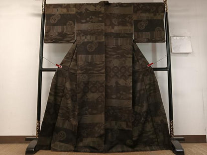 平和屋着物●上質な紬　百柄　横段文　ロング丈　正絹　逸品　CABD8155vp
